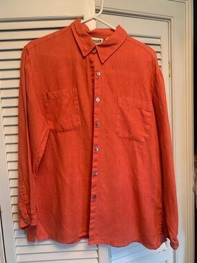 Chico’s Design Long-Sleeve Button-Down Linen- coral color